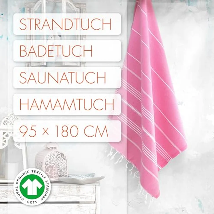 LeStoff Hamamtuch, 100% Bio-Baumwolle, 95 x 180 cm, Vorgewaschen, Saugstark, Schnelltrocknend, Leicht, Kompakt, Sandfrei, Pink – Bild 2