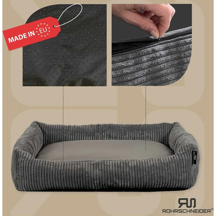 ROHRSCHNEIDER Hundebett - Cord, Hundekorb, Tierbett, Wendekissen, Bezug waschbar, rutschfest Grau 15x70x49cm – Bild 2