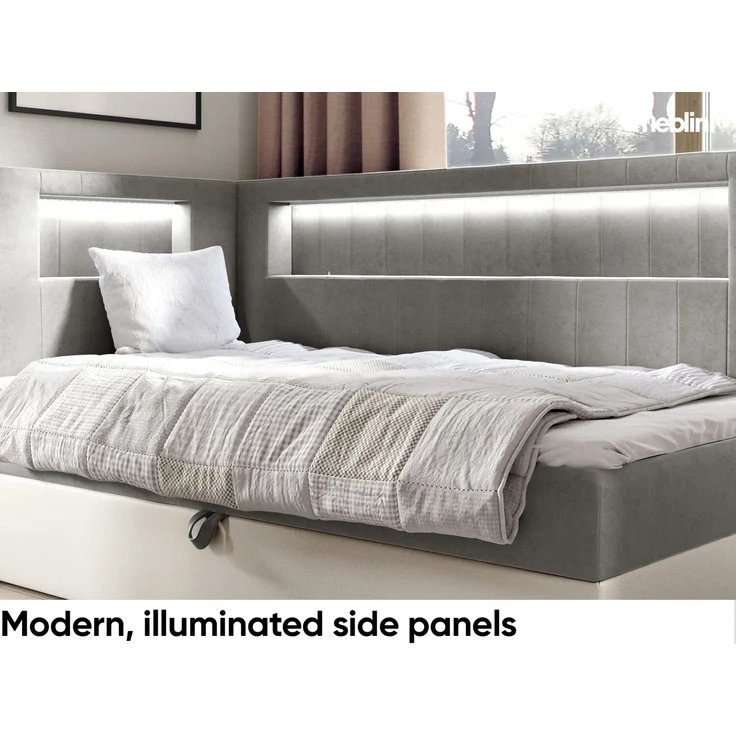 MEBLINI Kinderbett mit Bettkasten GARETH 3 100x200 Links – H3/Grau Samt Gepolstert Einzelbett mit Matratze - Polsterbett mit Stauraum - Bett mit Kopfteil – Stauraumbett – Bild 3