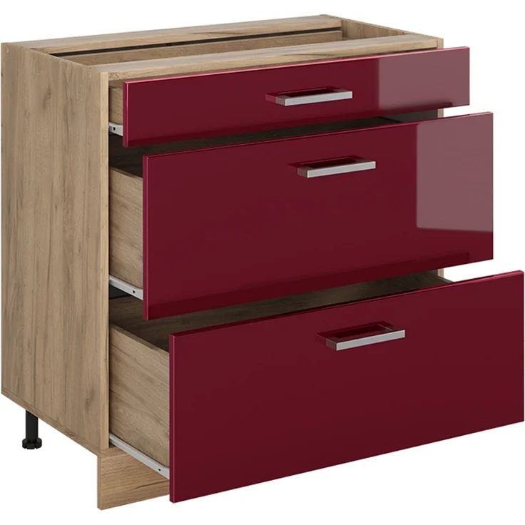Küchenunterschrank R-Line Rot Hochglanz/Goldkraft Eiche 80 cm mit 3 Schubladen Arbeitsplatte Anthrazit Vicco – Bild 3