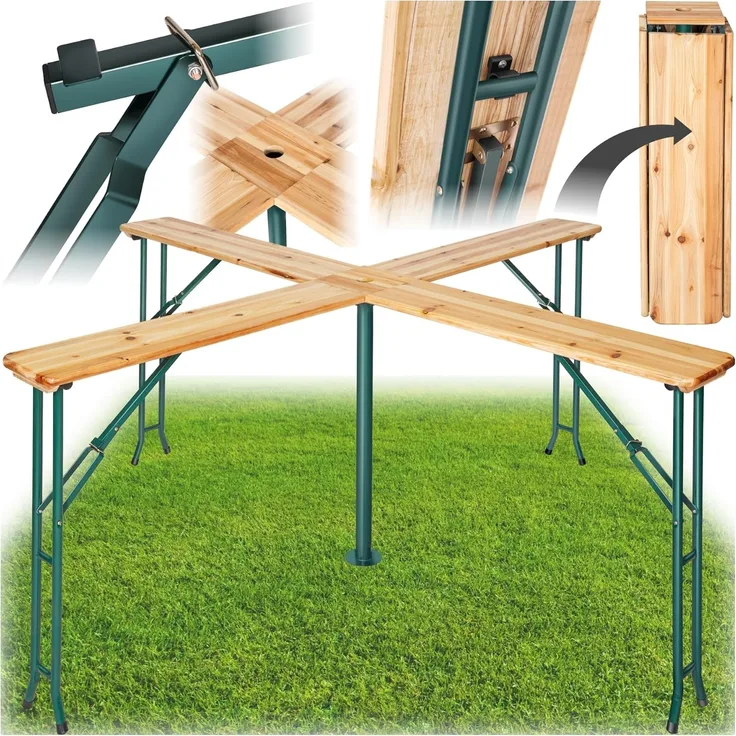 tectake® Stehtisch Quattro als Bierzeltgarnitur, XXL Biertisch aus Holz, klappbar, Outdoor Klapptisch mit Sonnenschirmhalterung, wetterbeständiger Gartentisch, Platz für 20 Personen, robust und stabil