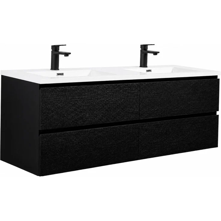 Badplaats Badmöbel Set mit Waschbecken und Unterschrank Angela 140 x 48 cm Schwarz Holz - Waschbeckenunterschrank mit Soft-Close und Doppelwaschbecken, Vorgemontiert – Bild 1