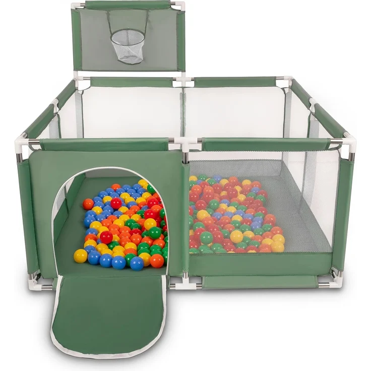 Selonis Laufstall Mit Korb Und 400 Bälle Laufgitter Für Kinder, Grün:Gelb/Grün/Blau/Rot/Orange