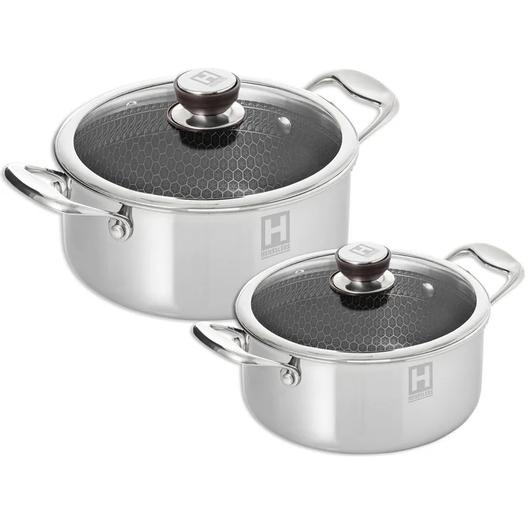 HENSSLERS Topf-Set, Edelstahl (Set, 2-tlg, je 1 Kochtopf Ø 20 und 24 cm, mit Glasdeckel), 3-Schicht Material mit Wabenstruktur, Induktion, 2,8L und 5,0L