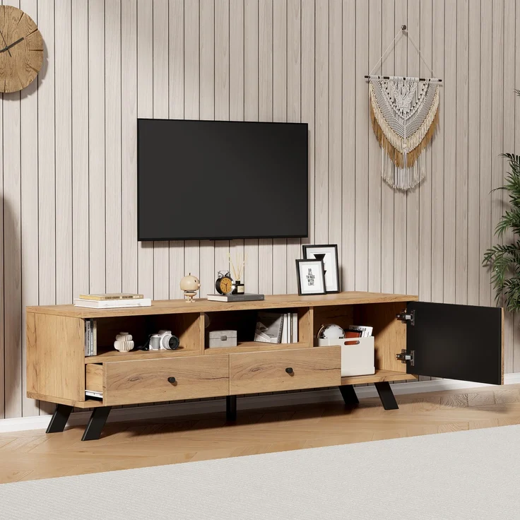 TV-Schrank 150 cm mit Holzmaserung in Natur & Schwarz – Fernsehschrank mit 2 Schubladen, 1 Schrank & offenen Fächern – Bild 3