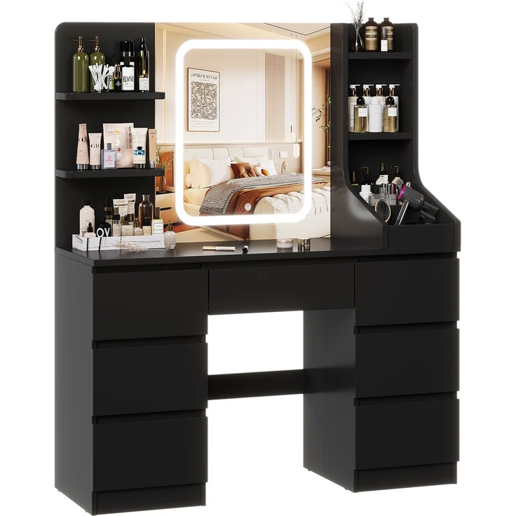 Devoko Schminktisch mit LED-Spiegel, Schubladen, Ablagefächer, Touch-Bedienung, Holzwerkstoff / Glas, Schwarz, 110 x 50 x 140 cm – Bild 3