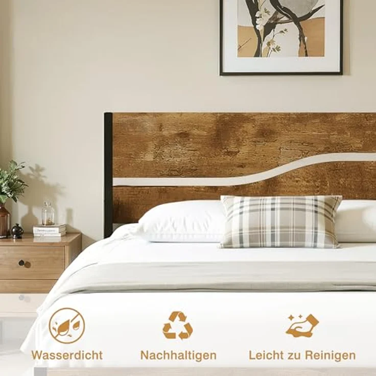 VECELO 2er Set Bettgestelle 90x200 cm, Einzelbetten mit Metall Lattenrost und massivem Holzkopfteil, stabil und geräuschlos, ideal als Gästebett und Jugendbett, Braun – Bild 4