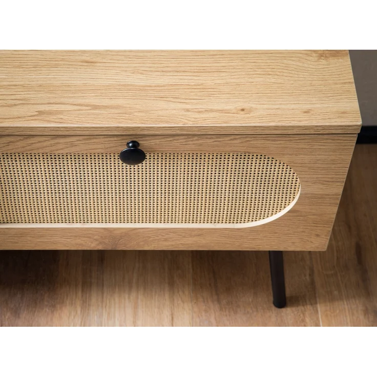 FINEBUY Lowboard FB104346 (Eiche Dekor 100 cm, Schublade Stauraum Geflecht), TV-Kommode Hoch, TV-Schrank Modern Fernsehtisch – Bild 4