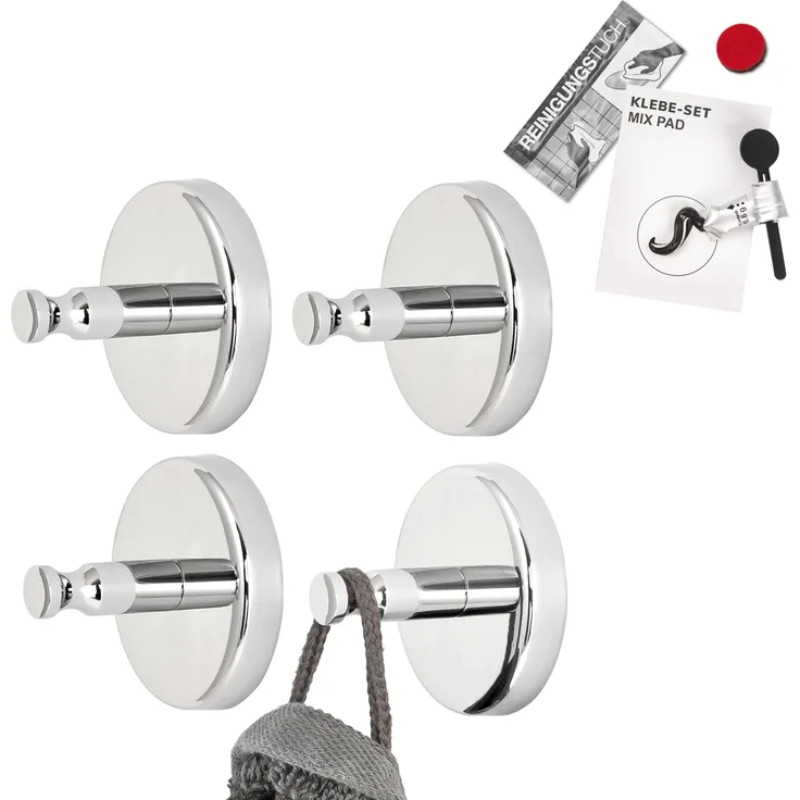 Bad-Serie LUCENTE - Handtuchhaken 4er Set inkl. Klebeset, aus Edelstahl verchromt