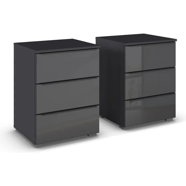 Rauch Möbel Monostar, Nachttisch-Paar für Schlafzimmer, Nachtkommode, Beistelltisch, Nachtkästchen, Kommode, 3 Schubkästen, mit Glasfront, Farbe Glas Basalt/Grau metallic, 47 x 62 x 43 cm