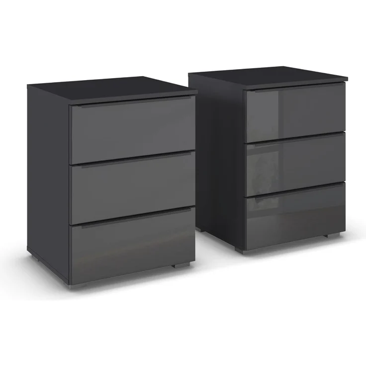 Rauch Möbel Monostar, Nachttisch-Paar für Schlafzimmer, Nachtkommode, Beistelltisch, Nachtkästchen, Kommode, 3 Schubkästen, mit Glasfront, Farbe Glas Basalt/Grau metallic, 47 x 62 x 43 cm
