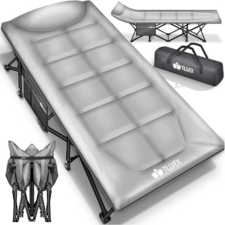 tillvex® Campingbett Grau 210 x 80 x 40 cm klappbar mit Tragetasche bis 280 kg | Campingliege extra breit | Feldbett Karpfenliege für Outdoor & Indoor | Klappbett Gästebett faltbar Garten Camping Angeln Festival Reise – Bild 2