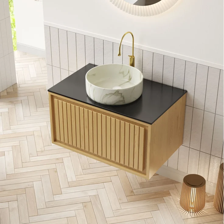Hängender Waschtisch mit Keramik-Aufsatzbecken & Sintersteinplatte, 76x48x53,1 cm, Schwarz/Goldene Eiche/Steinweiß – Bild 6