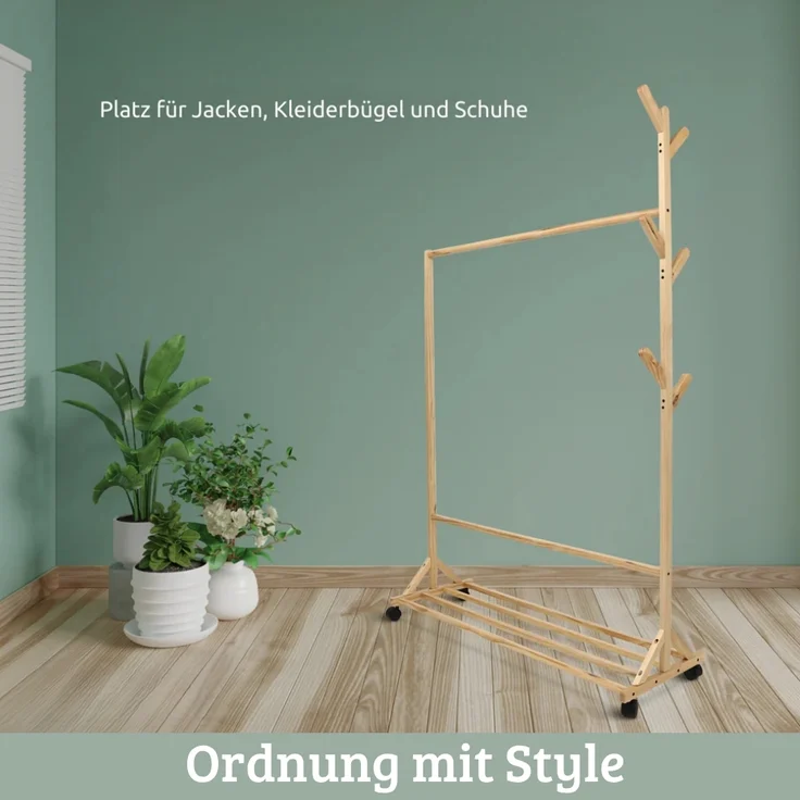 DELUKE® Garderobe mit Rollen SEMU - Massivholz, 6 Haken | Garberobenständer Flur Kleiderstange für Jacken Eingangsbereich Kleiderständer – Bild 3