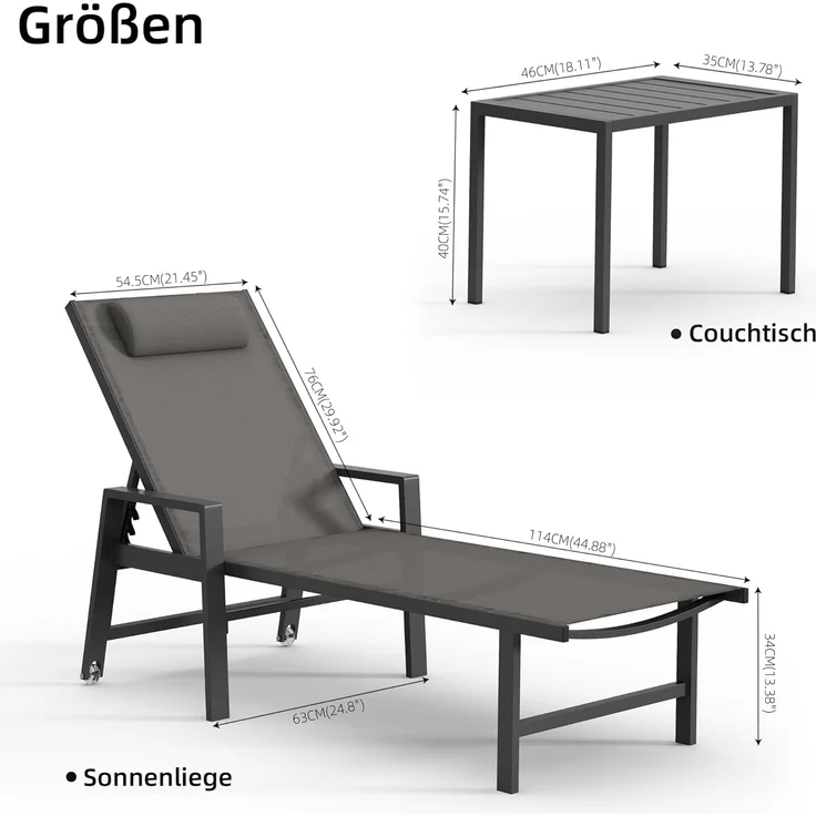 Mucola 2x Sonnenliege und Gartentisch Aluminium Gartenliege 200KG & Rollen wetterfest Teslin Klappliege Camping Terrassentisch – Bild 6