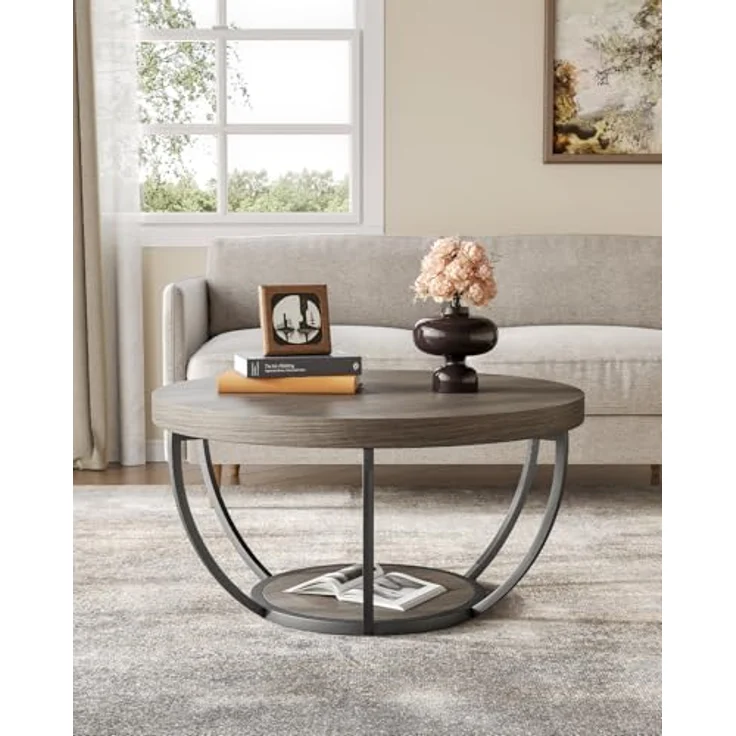 LITTLE TREE Runder Couchtisch, 81,3 cm, runder Couchtisch für Wohnzimmer, Mitteltisch aus Holz mit 2 Ebenen, mit offenem Stauraum, Wohnmöbel im industriellen Design (braun und schwarz) – Bild 5