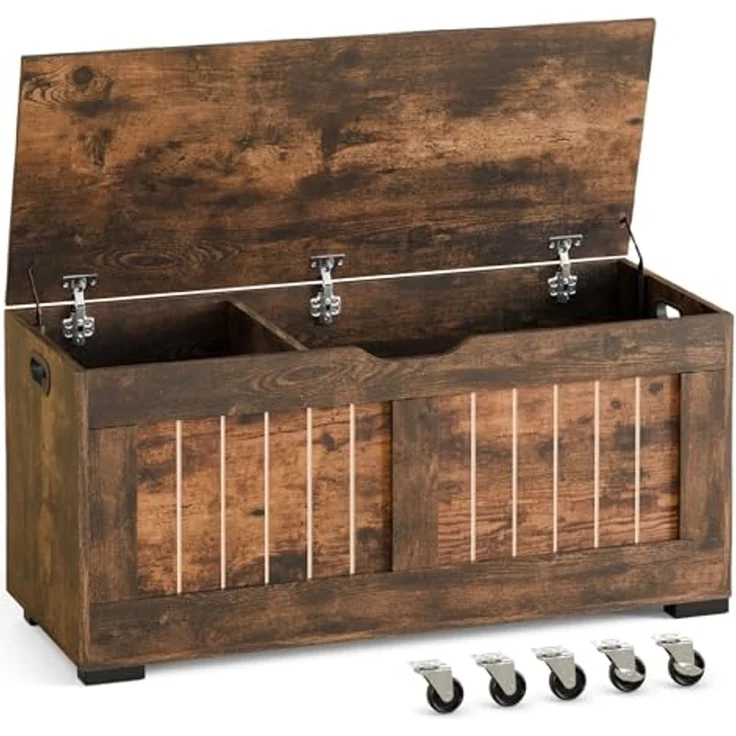 Mondeer Schuhbank, Sitzbank mit Stauraum, Truhenbank mit 4 Rollen und 2 Sicherheitsscharnieren, für Flur Schlafzimmer Wohnzimmer, 40 x 100 x 49 cm, Vintagebraun – Bild 1