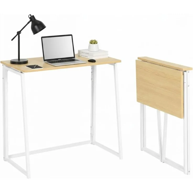 FurnitureR Kompakter Klappschreibtisch 80 × 40 cm, Platzsparender Laptop Tisch für Studenten, WG und Kleine Wohnungen, Stabiler Computertisch mit Metallrahmen, In Oak White