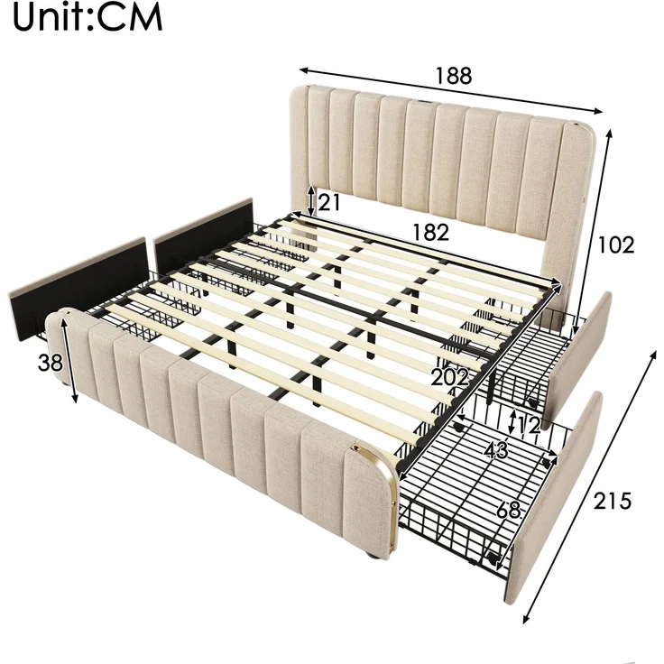Polsterbett Doppeltes, gepolstertes Kopfteil mit goldenen Zierstreifen und ,USB Typ-C Ladefunktion 180*200 cm, Beige Leinen-Material mit 4 Schubladen ,Belastbarkeit 226 kg (Ohne Matratze) – Bild 2