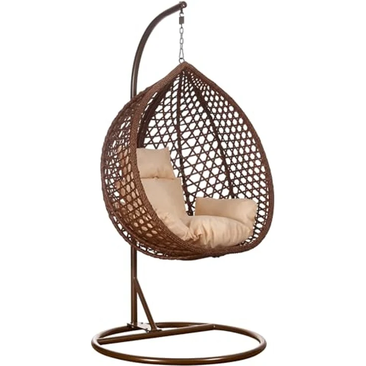 Luxus Hängesessel Style XXL Rattan Korb und Gestell Braun mit Relaxkissen Beige – Bild 1