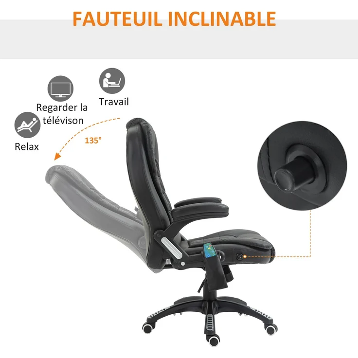 Elektrischer Massagesessel mit Heizfunktion, ergonomischer Bürostuhl mit schwarzem Kunstlederbezug – Bild 9