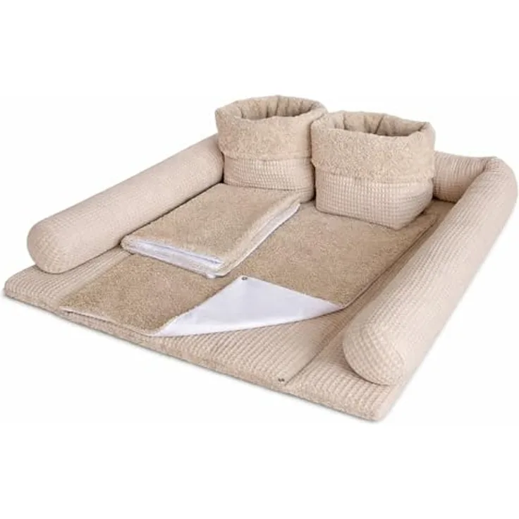 Wickelauflage Set 6-teilig – Wickelunterlage aus Waffelstoff & Frottee mit Druckknöpfen – Baby Wickelauflage – Wickeltischauflage – 75x70 cm (Breite x Tiefe), Altbeige