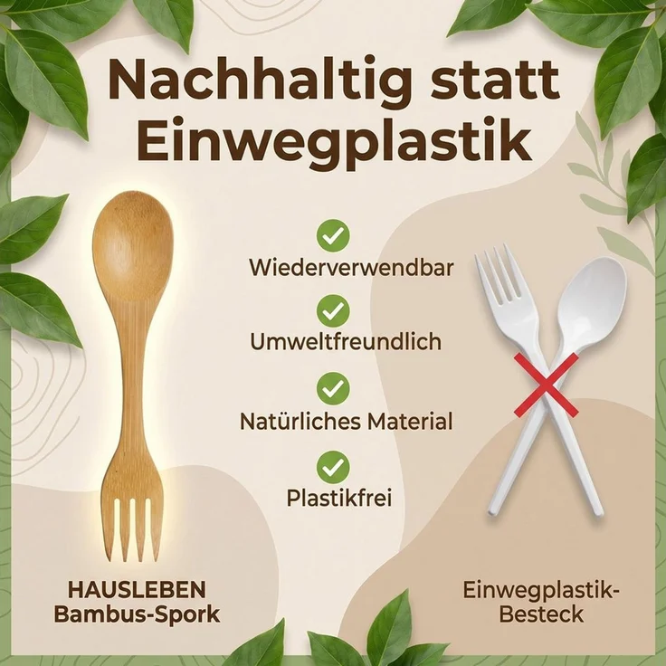 hausleben Campinglöffel 4er Set Gabel-Löffel Multibesteck – Bambusbesteck 17 x 3,5 cm (4 Stück), Bambusbesteck, Wiederverwendbar & Leicht, 17 x 3,5 cm – Bild 3