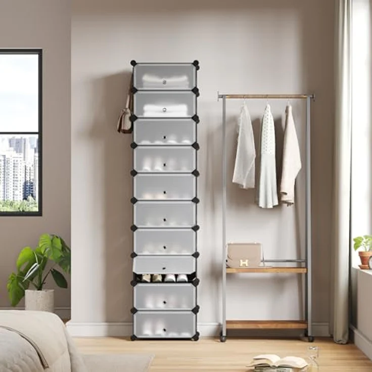 Mondeer Schuhregal, Kunststoff Schuhschrank, Modulares Schuhaufbewahrung mit Tür, Staub- und Wasserabweisend, Platzsparendes, 10 Fächer für Foyer, Schlafzimmer, Wohnzimmer, für 20 Paar Schuhe, Schwarz – Bild 6
