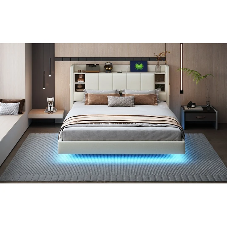 EINHOM Polsterbett 160 x 200 cm, mit USB-Steckdose und Lichtleiste, Wendbares Kopfteil mit Ablagefächern und Einlegeböden mit Kleinen Ablagefächern, Stabiler Metallrahmen, Leinenstoff, Doppelbett Beige, (Ohne Matratze) – Bild 6