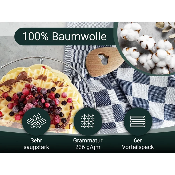ZOLLNER 6er Set Geschirrtücher, 65x65 cm, 100% Baumwolle, blau kariert – Bild 2