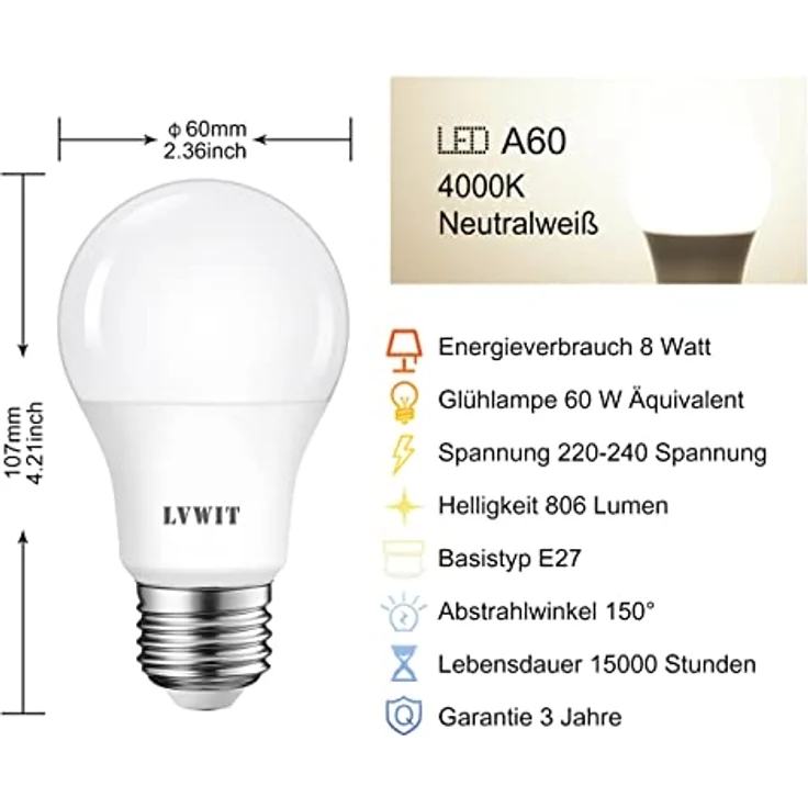 LVWIT 8W E27 LED Glühbirne 4000K Neutralweiß, Ersatz für 60W Glühlampe, ultrahell 806 lm, matt (6er Pack) – Bild 4
