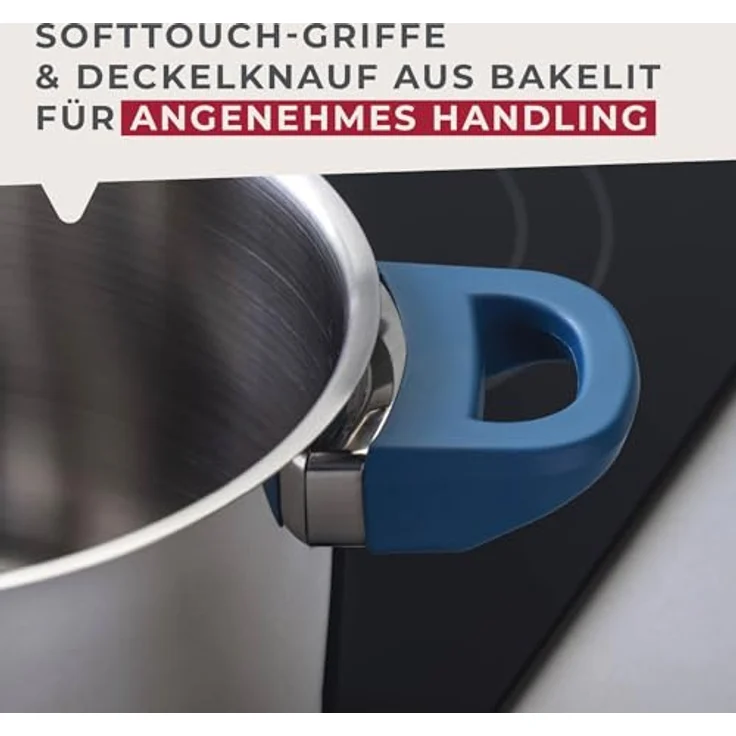 Fackelmann Suppentopf Essential, Ø 24 cm, 9L, Hochwertiger Edelstahl, ergonomische Bakelit-Griffe, für alle Herdarten geeignet, Blau – Bild 7