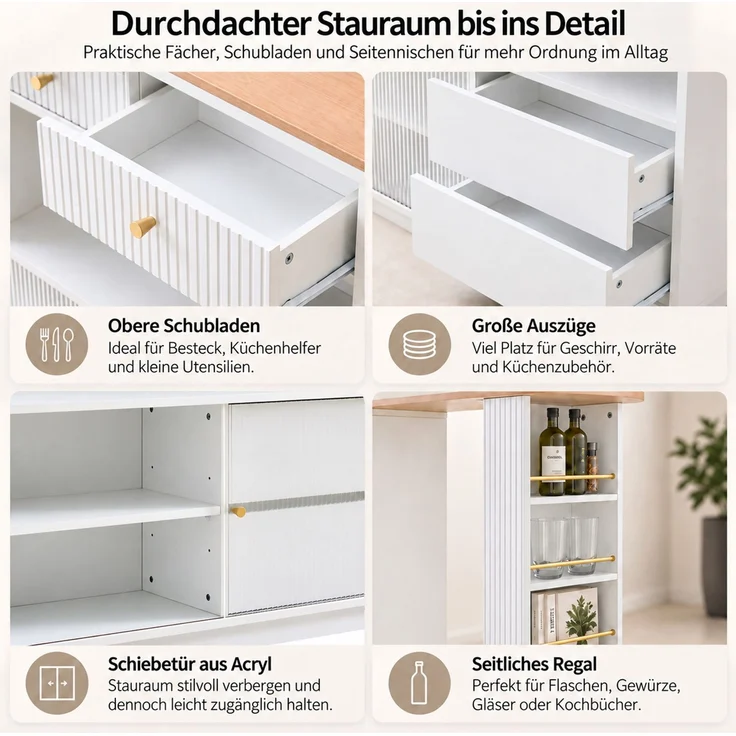 Ausziehbarer Bartisch mit Stauraum und LED-Beleuchtung, 360° drehbar, 183×30×100 cm, Weiß – Bild 8