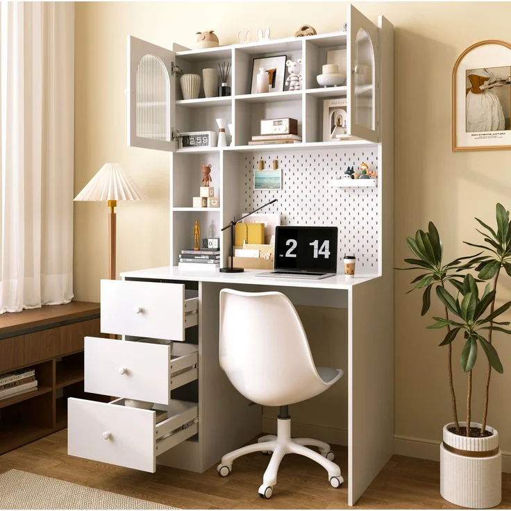 Schreibtisch 100 x 55 x 180 cm mit Pinnwand, Glasfronten und 3 Schubladen – MDF, Weiß – Bild 2