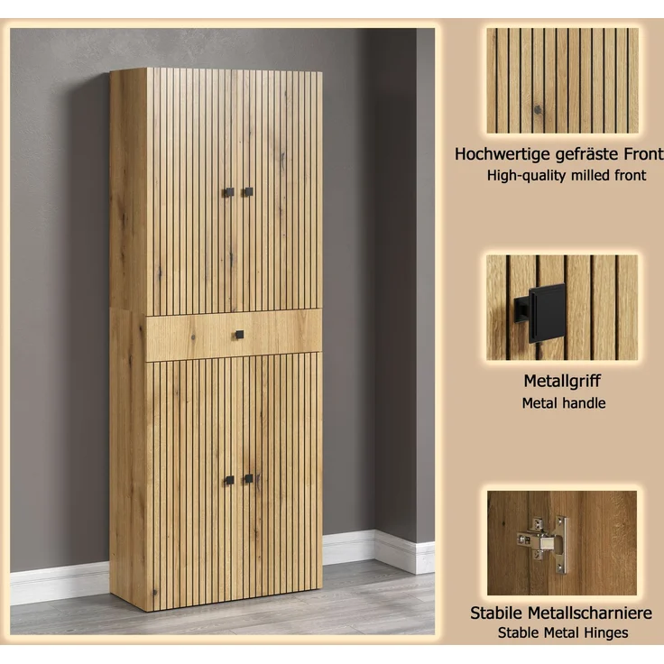 trendteam smart living - PureBliss - Waschbeckenunterschrank - Eiche - Waschtisch mit 3 offenen Fächern - (BxHxT) 90 x 79 x 53 cm - Badezimmerschrank mit Rillenoptik - edle Metallgriffe – Bild 6