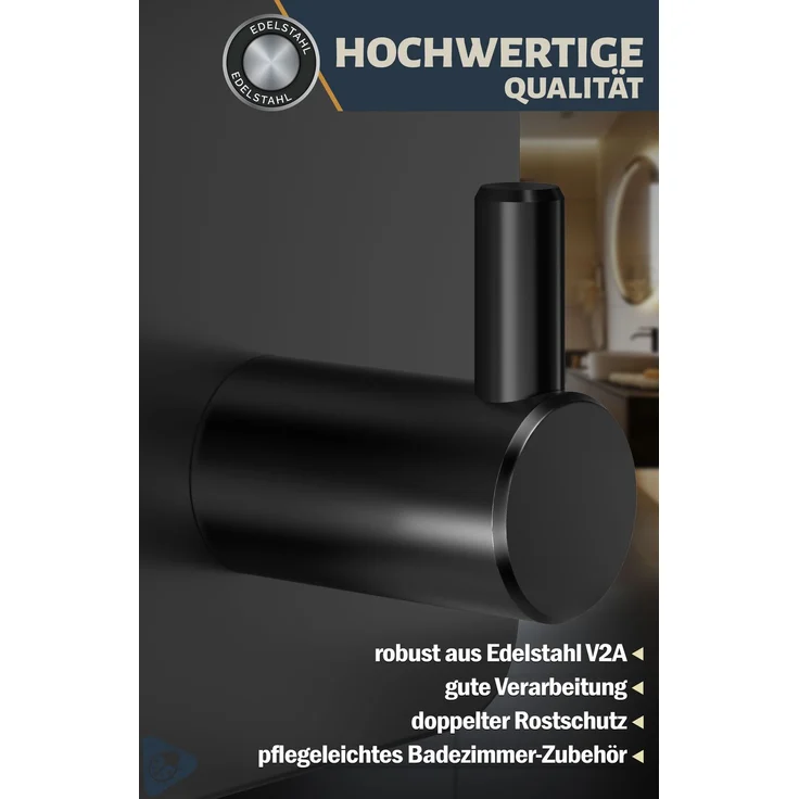 Lindenstein Handtuchhaken 6er-Set Schwarz – Edelstahl V2A, selbstklebend mit 3M-Pads – Bild 5