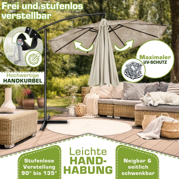 tillvex Sonnenschirm Beige Ø 350 cm Ampelschirm Gartenschirm Marktschirm Kurbel Balkon Alu Neigbar Beige - Ø350cm – Bild 3