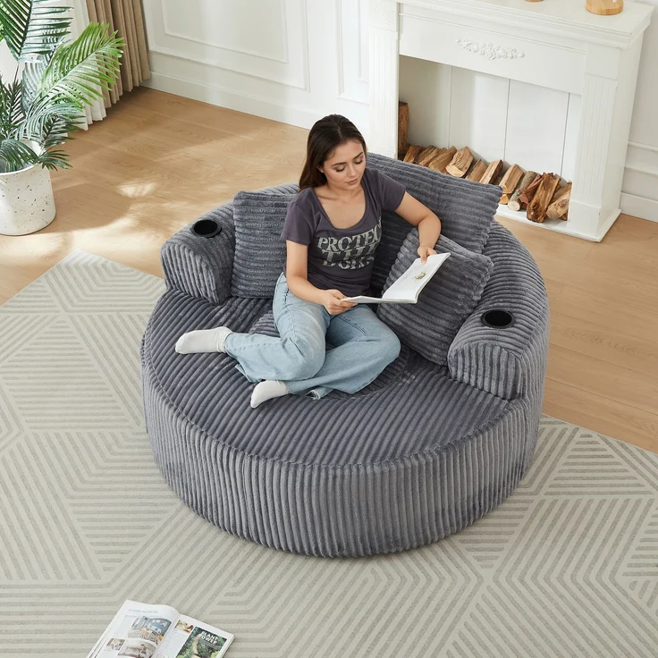 Rundes Loungesofa aus Cord, Einzelsitz Sitzsack Liegestuhl mit 3 Kissen, 2 Getränkehaltern, Seitenaufbewahrung, Rutschfest, Bequemes Relaxsofa für Wohnzimmer Schlafzimmer--Herde--146x29x32cm--YOUDENOVA – Bild 5