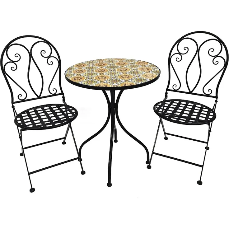 3 teilig Mosaik Bistro Set Eisen Set Gartenset Sitzgruppe Gartenmöbel klappbar