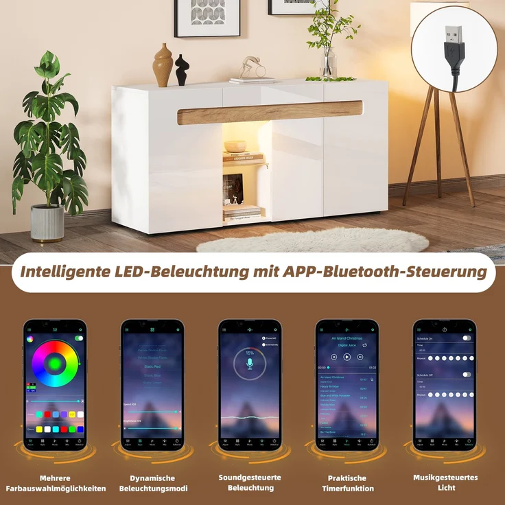 ZUBALIYA Sideboard 140x40x70 cm, mit LED-Beleuchtung, mit App-Steuerung, Hochglanz, aus Spanplatte, Weiß / Natur – Bild 7