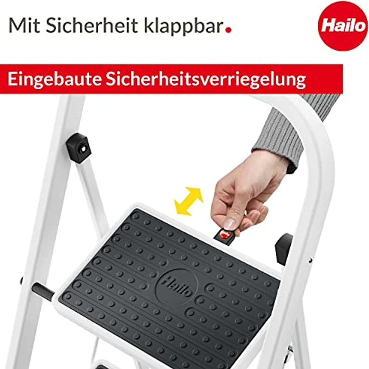 Hailo HobbyStep Stahl-Klapptritt-Leiter - 3 breite Stahl-Stufen mit Anti-Rutsch-Matten belastbar bis 150 kg - Trittleiter mit Klappsicherung - geriffelter ganzflächig aufstehender Steckfuß - weiß – Bild 4