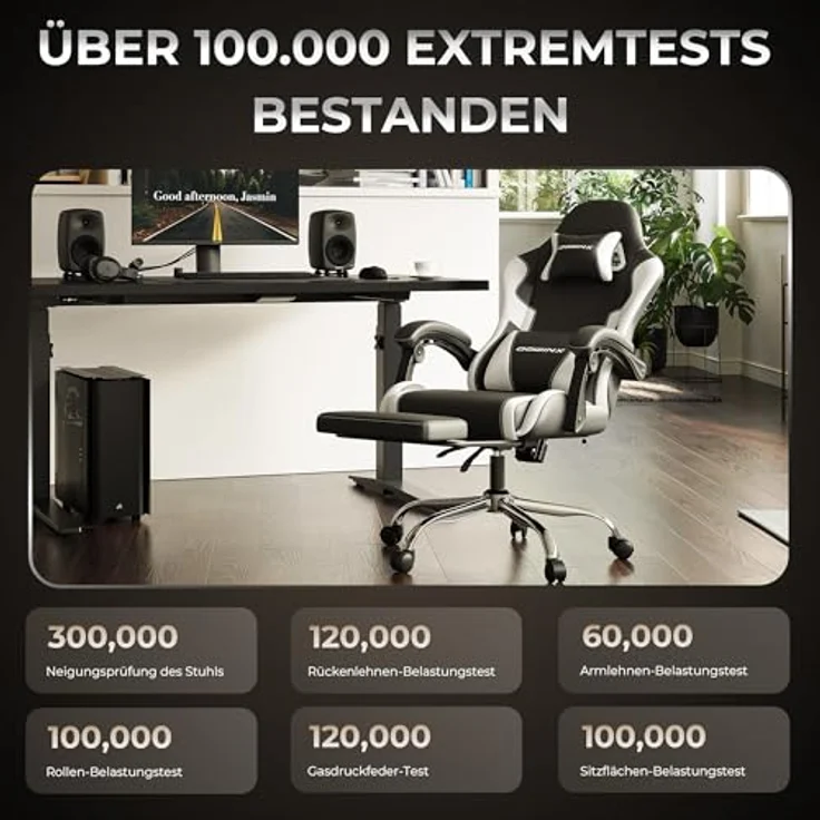 Dowinx Gaming Stuhl, Ergonomischer Gamer Stuhl für Büro und Home Office, Verstellbarer Bürostuhl mit Rückenlehne bis 150°, mit Fußstütze, Belastbar bis 180 kg, Weiß – Bild 4