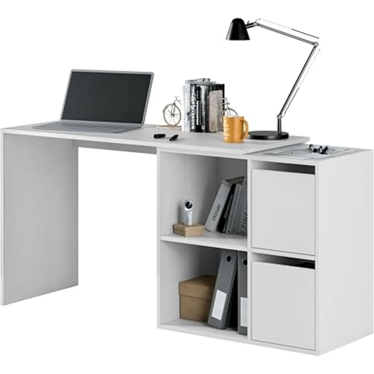 Modularer Schreibtisch mit vier niedrigen Regalen, von denen zwei durch zwei Flügeltüren mit der Möglichkeit der Eckmontage geschlossen werden, Farbe weiß, 152 x 74 x 49 cm. – Bild 6