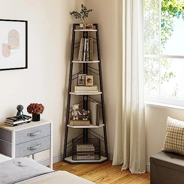 YITAHOME 5-Stöckiges Eck-Bücherregal - Industrielles Freistehendes Leiter-Bücherregal, Modernes Offenes Holzregal für Wohnzimmer, Diele, Home Office, Weiß – Bild 4