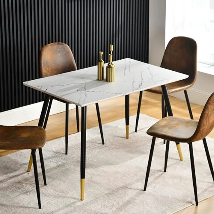39F FURNITURE DREAM Tisch im skandinavischen Design mit Deckel aus Marmorpapier, Metallbeine, Schwarz und Gold, für Küche, Esszimmer, Wohnzimmer, MDF, Weiß, 110 x 70 x 75 cm – Bild 3