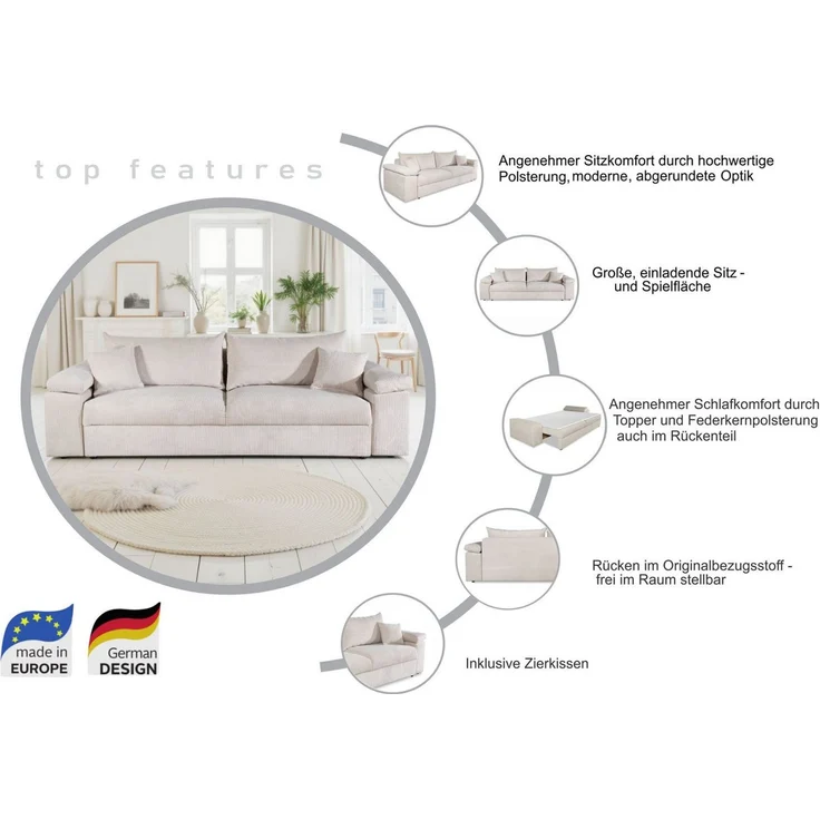 COLLECTION AB Schlafsofa Mara, B: 249 cm, Liegefl. 139x195 cm, Dauer-Schlaffunktion, Bettkasten & Federkern, wahlweise mit Topper – Bild 3