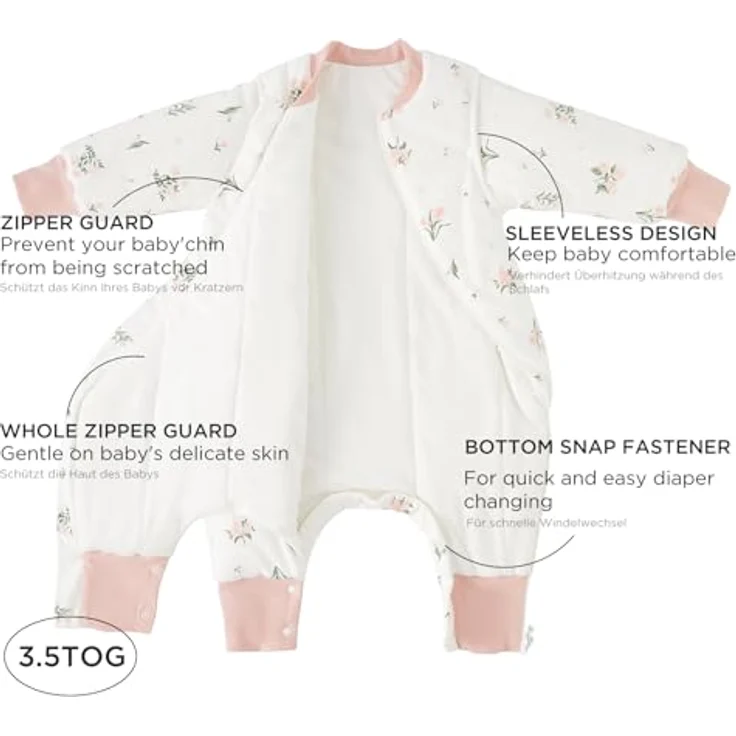 Duomiaomiao Baby Schlafsack mit füßen, Winter mit füßen,100% Baumwolle Schlafsack Baby, Baby Jungen 3.5 tog mit Schlafsack, Cartoon-Blumen,Atmungsaktiv (70-80) – Bild 2