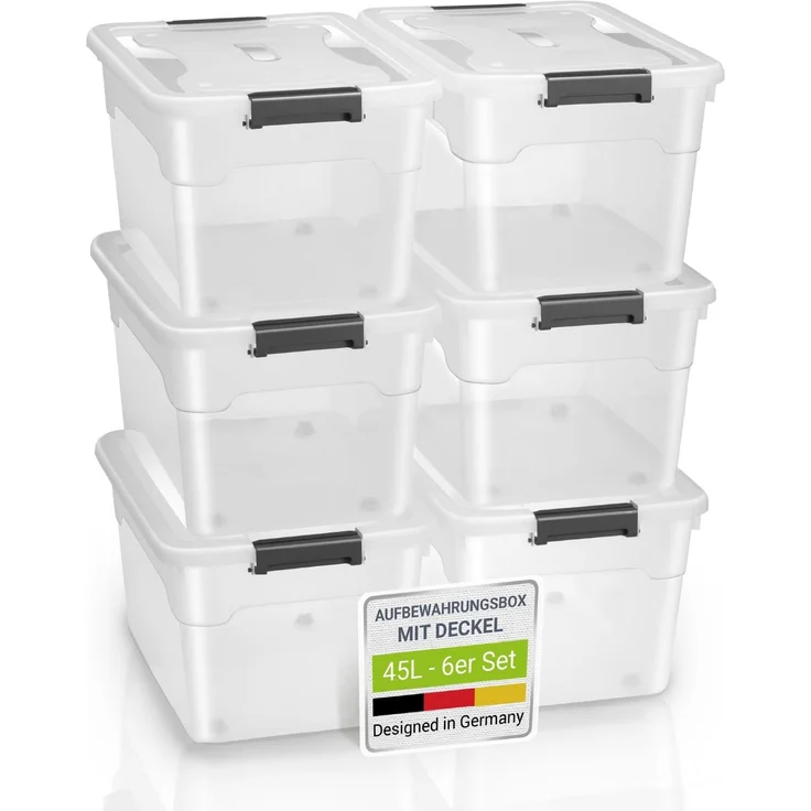 Juskys Aufbewahrungsbox mit Deckel, 6er-Set, stapelbar, Kunststoff transparent, 45 Liter – Bild 1