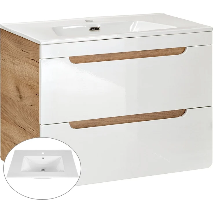 Badmöbel Set in Hochglanz weiß mit Wotan Eiche Nb. LUTON-56 mit LED-Spiegelschrank, B/H/T ca. 130/200/46 cm – Bild 2