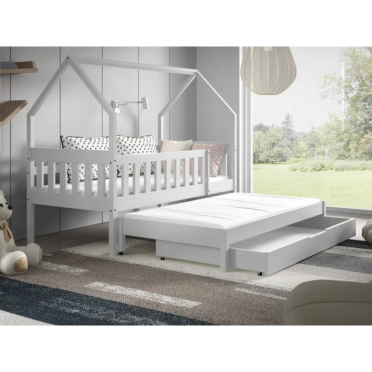 Kinderbett mit Matratze und Schublade 160 x 80 cm Kinderbett mit Unterbett Doppelbett Weiß NINA – Bild 3